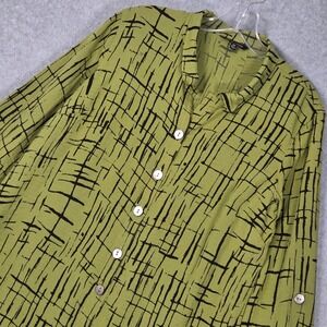 John Mark Women Medium Button Front Blouse Green Abstract Rayon Blend